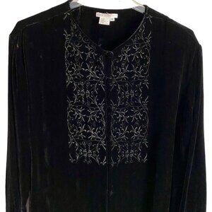 Annie Alexander Women's Black Velvety Embellished Button-Down Blouse Medium